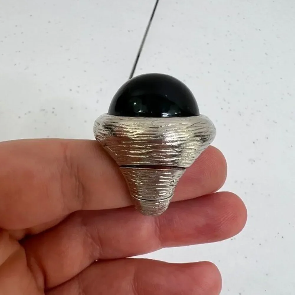 Cocktail Ring Black Silver Tone Stretch Adjustable Big Gaudy Dome Textured  Used